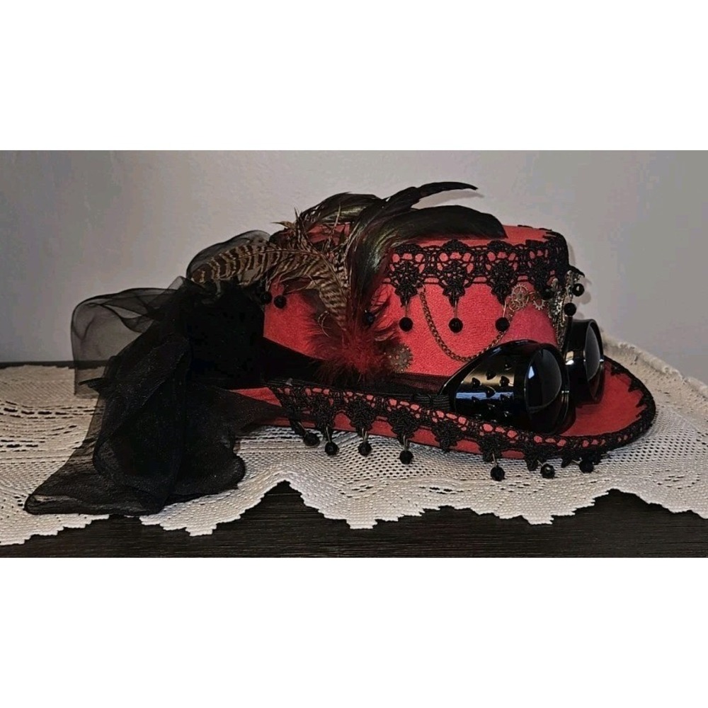 NWT Red‎ Steampunk Adult Top Hat Removable Goggles Cosplay Costume